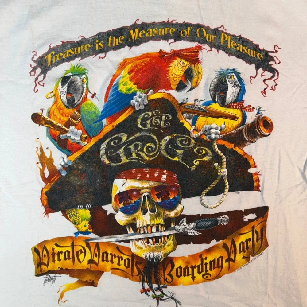 Goin Coastal Pirate Parrots Skull Graphic T-Shirt Mens Large White 2008 Y2K Tee